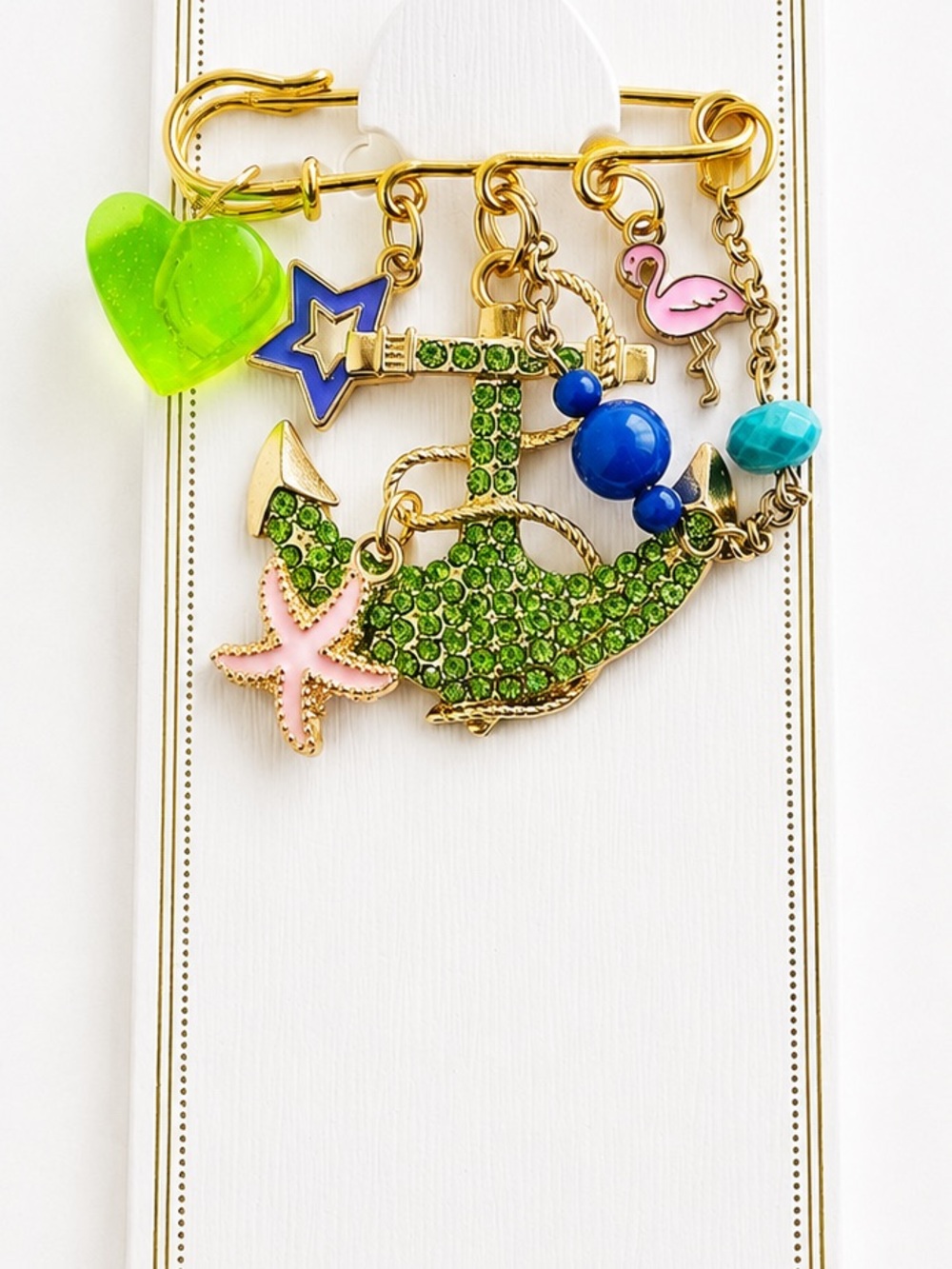 Nautical Anchor Charm Brooch with Green Rhinestones & Beach Charms
